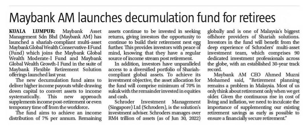 The Sun: Maybank AM launches decumulation fund for retirees